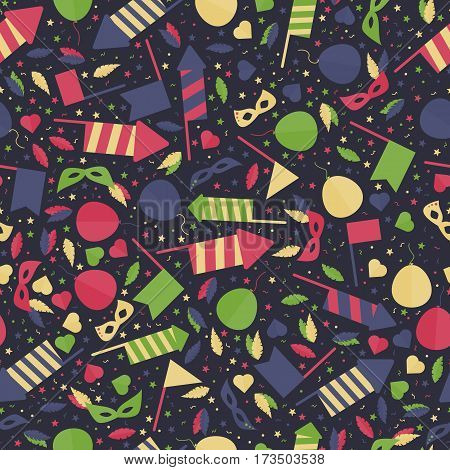 Happy Carnival Festive Seamless Pattern with Mask Firework Rocket Stars and Confetti