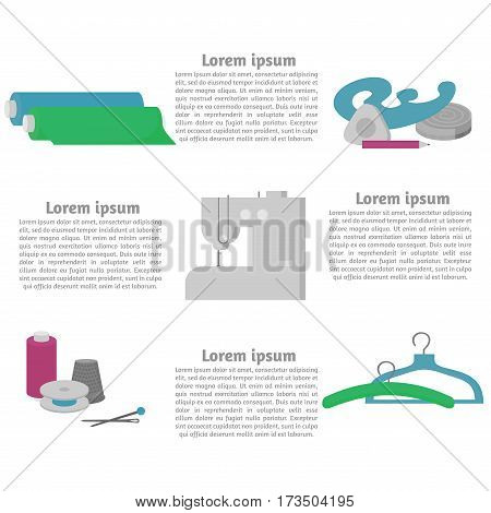 Sewing workshop equipment. Flat tailor shop design elements. Tailoring industry dressmaking tools icons. Fashion designer sew items template.