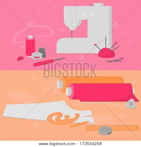 Sewing workshop equipment. Flat tailor shop design elements. Tailoring industry dressmaking tools icons. Fashion designer sew items horizontal banner.