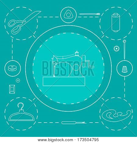 Sewing workshop equipment. Outline tailor shop design elements. Tailoring industry dressmaking tools icons. Fashion designer sew items.