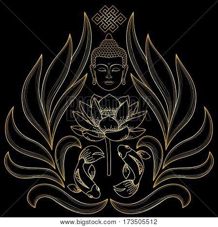 Gold Buddha Head with endless knot, lotus, fishes on black background. Buddhism symbols.