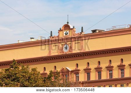 Closeup of the Lubyanka Building former KGB headquarters in Moscow Russia.