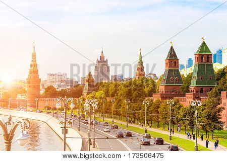 Traffic on the Kremlyovskaya embankment in Moscow with sunlight effect