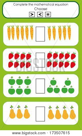 Mathematics educational game for children. Learning counting and algebra kids activity. Complete the mathematical equation task, choose more, less or equal