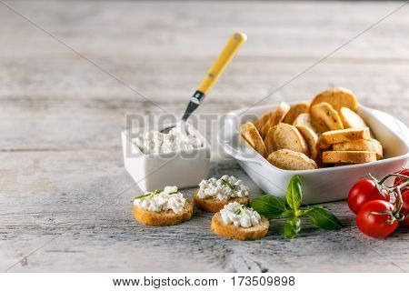 Bread rusks fine toasted appetizers with cottage cheese