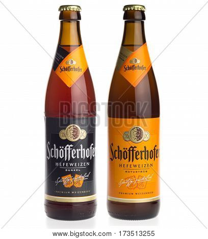 GRONINGEN, NETHERLANDS - FEBRUARY 24, 2017: Bottles of Schofferhofer German white and dark wheat beer isolated on a white background
