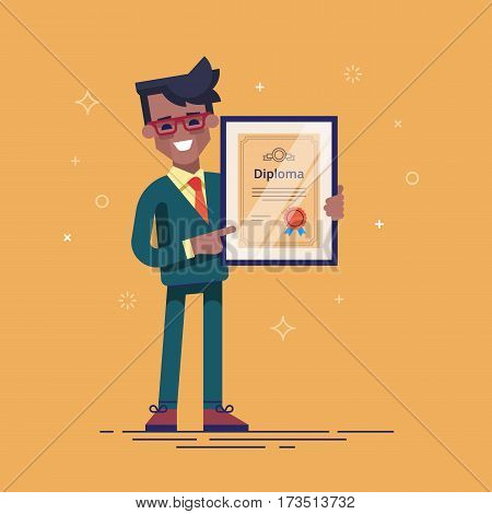 Successful african american businessman holding diploma in his hands. Graduate of MBA. Modern vector illustration
