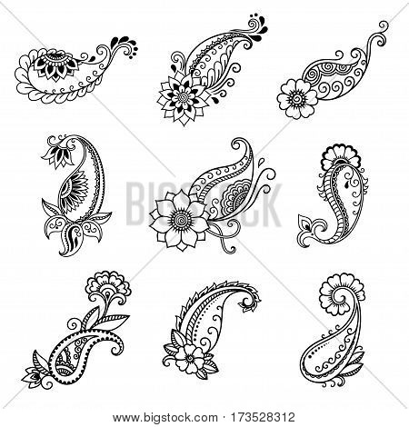 Henna tattoo flower template. Mehndi style. Set of ornamental patterns in the oriental style.