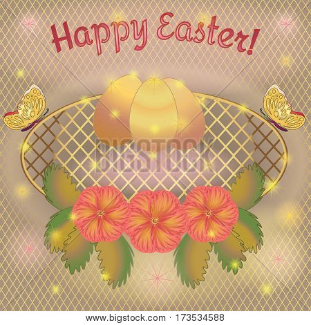 Easter greeting card on gold grid with flowers and eggs butterfly. Lettering. Vector illustration.