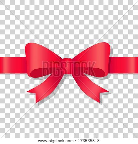 Red bow icon on transparent background. Holiday bow with ribbon on transparency. Gift knot of ribbon in flat design. Overwhelming bow decorative element. Vector cartoon illustration. Classical bow