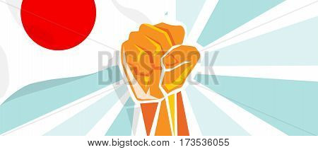 Japan fight and protest independence struggle rebellion show symbolic strength with hand fist illustration and flag vector