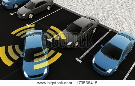 Autonomous cars on a road with visible connection, 3d rendering