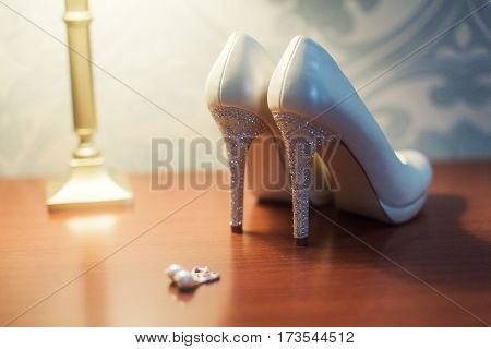 Wedding flowers and beautiful shoes decoration beauty wedding bride