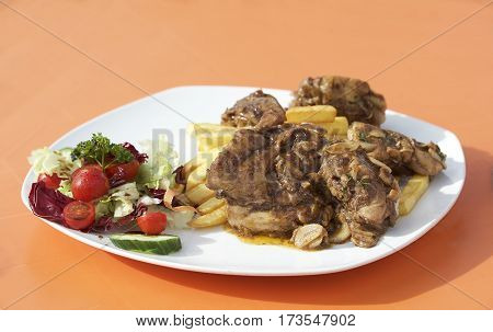 Traditional maltese food - rabbit with fresh vegetables and chips isolated on orange background. Malta. Fenek.
