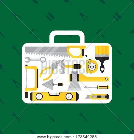 Construction tool in tool box on green background. Flat vector illustration for web design. Colorfull banner for web site. Saw, axe, brush, hammer and other tool on green background.