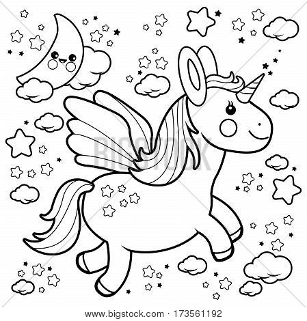 Cute unicorn flying in the night sky. Black and white coloring book page
