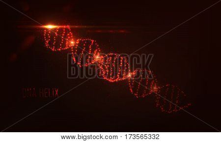 Nenon dna helix consist of glowing particles . Randomly located flashes of light . Abstract object with lens flare effect and bokeh . Science and technology concept , Vector illustration .