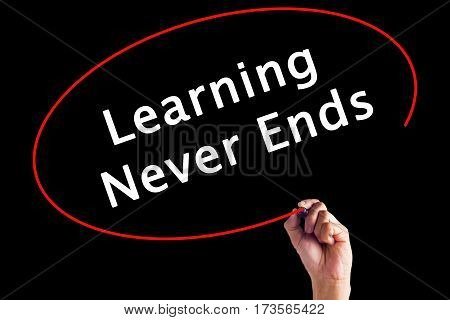 Hand Writing Learning Never Ends With A Marker Over Transparent Board.
