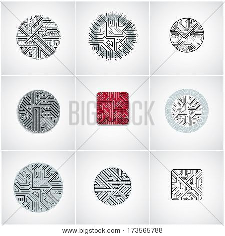 Set of vector technology cpu designs with square and circular microprocessor schemes. Computer circuit boards digital elements.