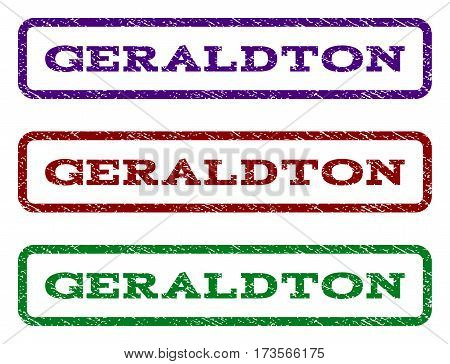 Geraldton watermark stamp. Text caption inside rounded rectangle with grunge design style. Vector variants are indigo blue red green ink colors. Rubber seal stamp with unclean texture.