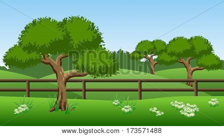 Summer landscape background. Scene with green trees hills and chamomiles. Horizontally seamless can be used in game asset. Vector illustration