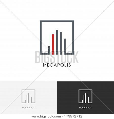 Megapolis city logo - business buildings and hand symbol. Realty and real estate vector icon.