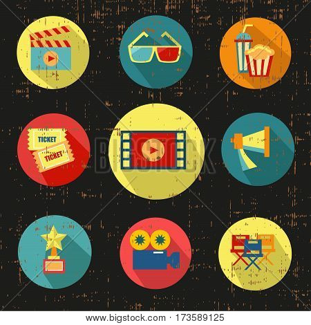 Movie icon set, black version, grunge vector stock illustration