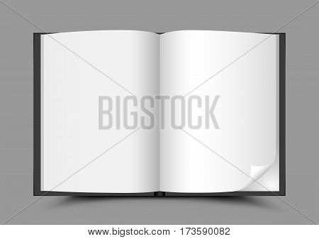The open black book with shadow on gray background. Clear white sheets of paper. Writer template