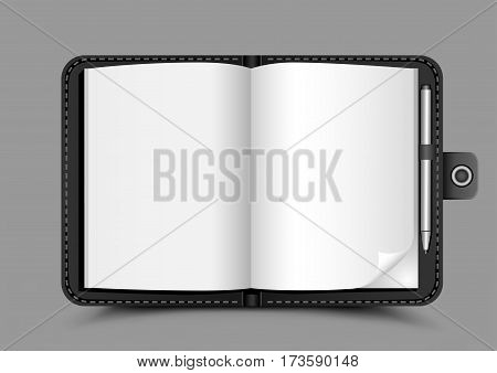 The open black notepad with shadow on gray background. Clear white sheets of paper. Writer template book
