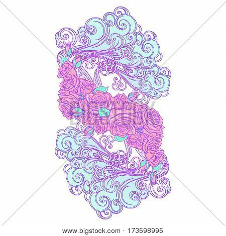 Element Air. Artistic decorative vignette with curly clouds and rose flower garland. Concept design for the tattoo, colouring book or postcard. EPS10 vector.