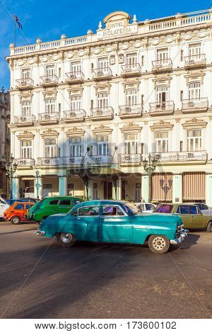Havana, Cuba - April 2, 2012: Retro Car On Streets Of The Town Near Hotel Inglaterra