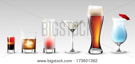 Full glasses set of different shapes with alcohol drinks beverages and cocktails isolated vector illustration