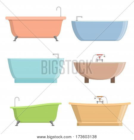 Bathtubs of different style and shape set isolated on white background vector illustration