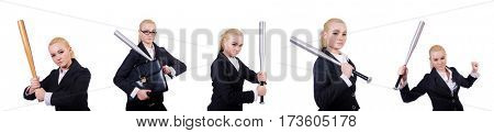 Businesswoman with baseball bat on white