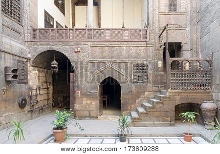 Cairo, Egypt - February 18, 2017: Courtyard of Gayer Anderson House, a 17th century house situated adjacent to the Mosque of Ahmad ibn Tulun in the Sayyida Zeinab neighborhood