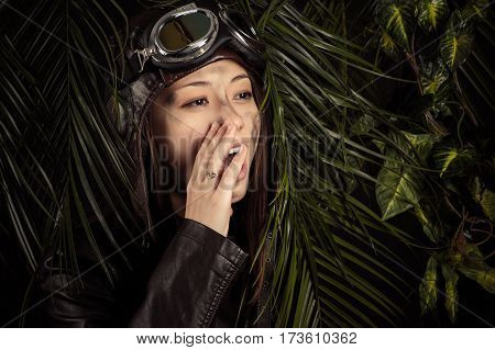 korean young girl pilot screaming close up