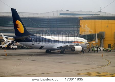 DELHI, INDIA - FEBRUARY 07: Boeing 737-800 operated by Jet Airways at Delhi international Airport on February 07, 2016. Indira Gandhi International Airport is the 32th busiest in the world.