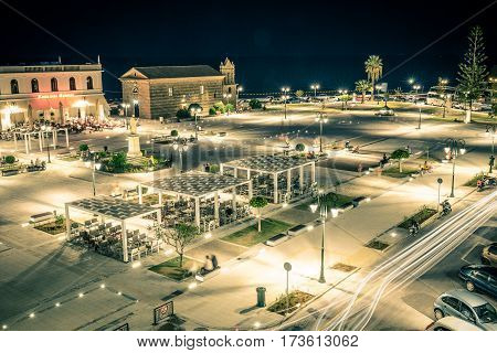 Zakynthos, Greece - SEPTEMBER 2016: Solomos Square at night time