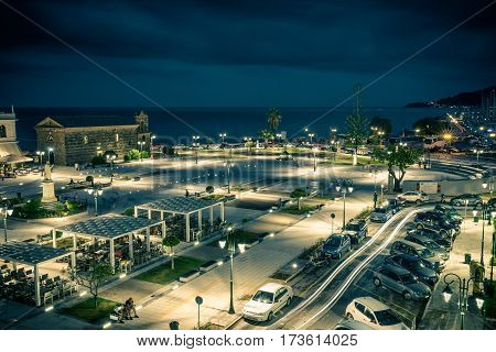 Zakynthos, Greece - SEPTEMBER 2016: Solomos Square at night time