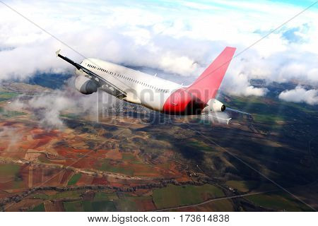 flight through clouds ground plane sunshine background