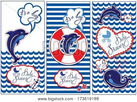 Baby boy Shower Nautical Set. Party Decoration Scrapbook invitation card. Funny flyers with dolphin whale and frame on stripe white and blue background.
