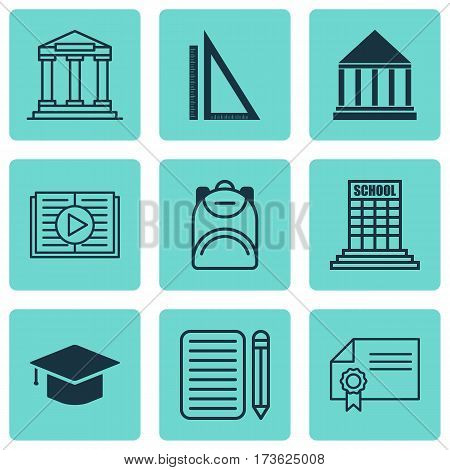 Set Of 9 School Icons. Includes Education Center, Haversack, College And Other Symbols. Beautiful Design Elements.
