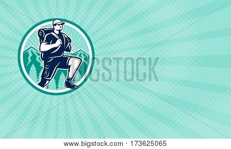 Business card showing Illustration of a hiker hiking walking striding facing front with trees and mountains in background set inside circle done in retro style.