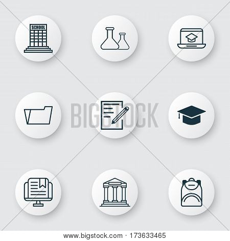 Set Of 9 Education Icons. Includes Haversack, College, Chemical And Other Symbols. Beautiful Design Elements.