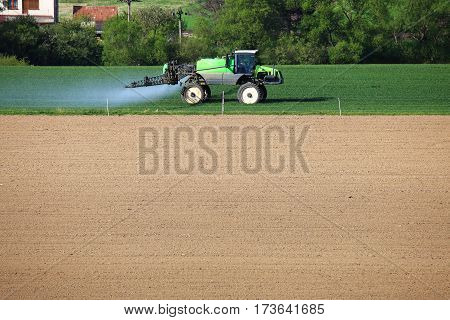 Tractor Fertilizes Green Wheat Field
