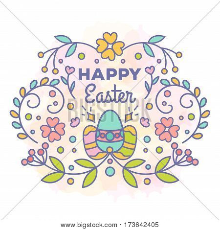 Happy easter card. Floral design with eggs vector illustration. Line style