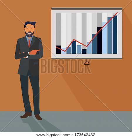 Flat design style business illustration with business man and rising up graphics