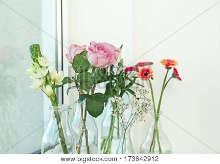 Glass vases with beautiful bouquets of fresh flowers on windowsill
