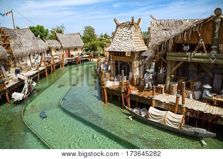 PORT AVENTURA/ SPAIN - MAY 11, 2015. Interactive water attraction Angkor located in the China area in the theme park Port Aventura in city Salou, Catalonia, Spain.