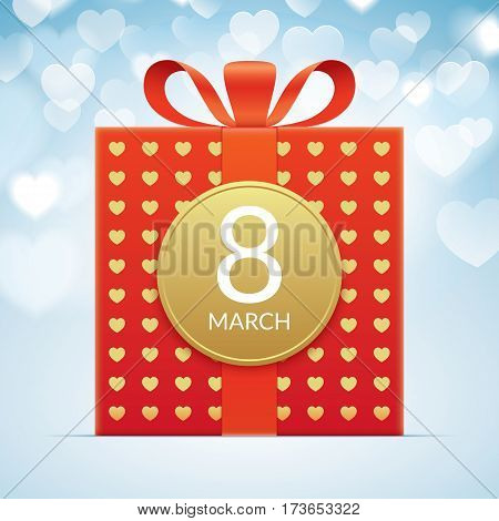 8 march greeting card template, with red gift box isolated on a blue bokeh background. International womens day greeting car design.